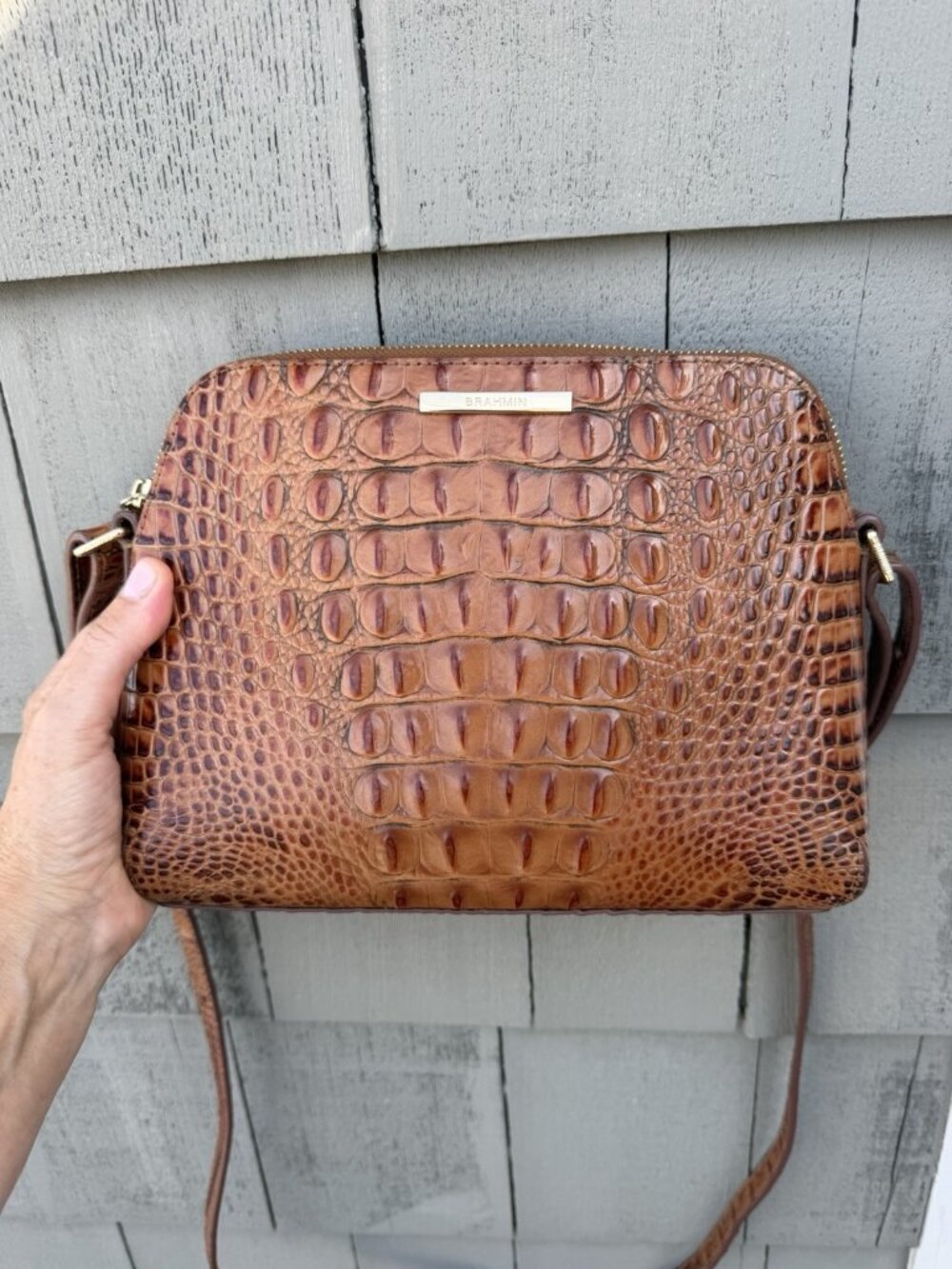 BRAHMIN pecan caramel croc-embossed dome-shaped Y2K shoulder bag preppy